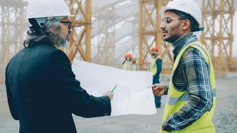 Back view of engineers discussing construction project looking at blueprint Foto stock