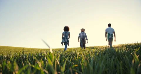 Back view of the farmer engineer coaching young interns farming technologies Stock Photos
