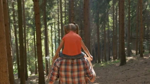 Back view of father giving a piggyback ride to daughter walking in forest.Father Stock Footage 114935341