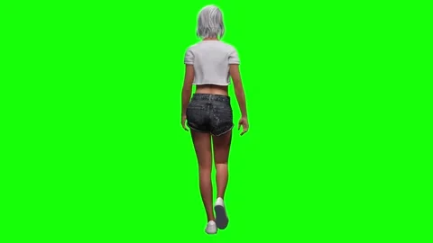 Back view of female character walking in relaxed catwalk style on green Stock Footage 328637076