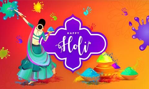 Back View of Female Dancing with Gulal and Water Gun, Happy Holi Colorful F.. Stock Illustration