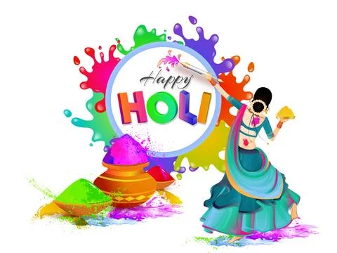 Back View of Female Dancing with Gulal and Water Gun, Happy Holi Colorful F.. Stock Illustration
