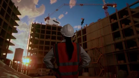 Back View Of A Female Engineer Looking Around With Arms Akimbo At Construction Stock Footage 255849175
