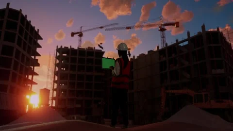 Back View Of female Engineer Working On A Green Screen Laptop  At Construction Stock Footage 255849663