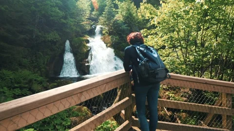 Back view of a female hiker looking to a waterfall in Triberg, Germany Stock Footage 302898820