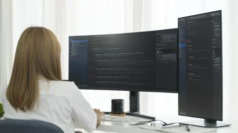 Back view of female programmer checking debugging system on wide displays i.. Stock Photos