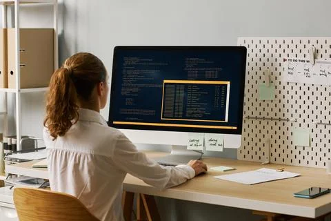 Back view female programmer writing code working at desk Stock Photos