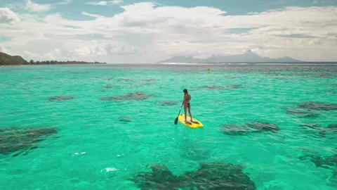 Back view female stand on yellow sup board paddle Stock Footage 265600404