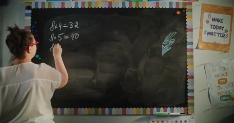 Back View of Female Teacher Writing Multiplication Table on the Chalkboard Stock Footage 313734558