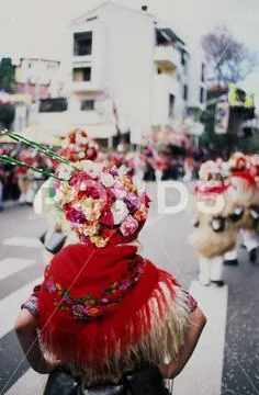 Back view of festival woman with big flower hat and beautiful red scarf Stock Photos
