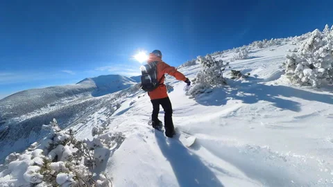 Back view of Friends ride deep powder on sunlit mountain slope Stock Footage 262552882