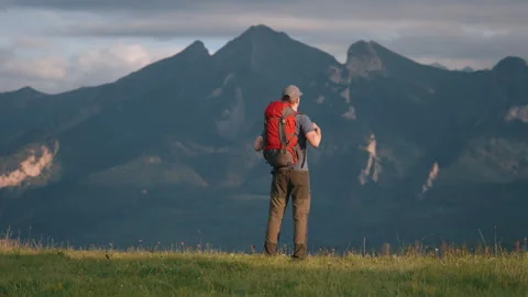 Back view gimbal shot of man standing on grassy meadow overlooking mountains Stock Footage 282448199