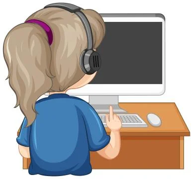 Back view of a girl with computer on the table on white background 스톡 일러스트