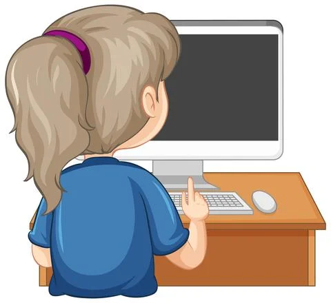 Back view of a girl with computer on the table on white background 스톡 일러스트