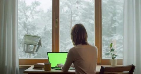 Back view of girl drinking tea while working on pc computer at home interior Stock Footage 145784996