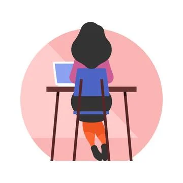 Back view of girl sitting at table and using laptop. Vector illustration イラスト素材