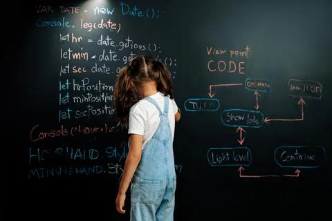 Back view of girl write the code about getting time on blackboard. Erudition. Foto stock