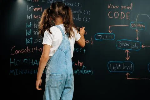 Back view of girl write the code about getting time on blackboard. Erudition. Stock Photos