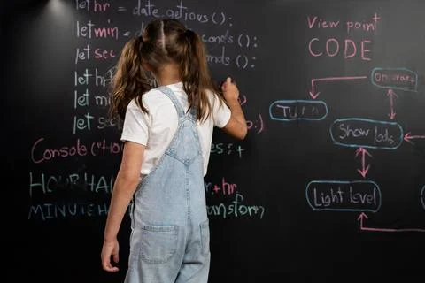Back view of girl write the code about getting time on blackboard. Erudition. Stock Photos