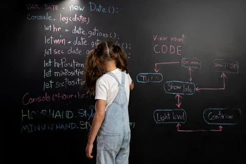 Back view of girl write the code about getting time on blackboard. Erudition. Stock Photos