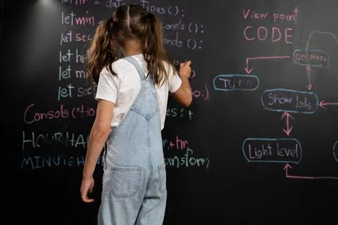 Back view of girl write the code about getting time on blackboard. Erudition. Stock Photos