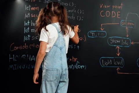 Back view of girl write the code about getting time on blackboard. Erudition. Stock Photos