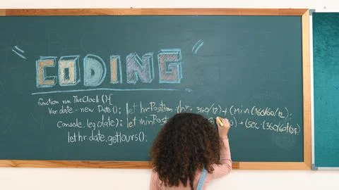 Back view of girl writing engineering prompt and programing system. Pedagogy. Stock-Fotos