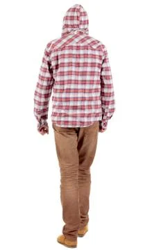 Back view of going  guy in a plaid shirt with hood Foto stock