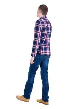 Back view of going  handsome man in checkered shirt Stock Photos