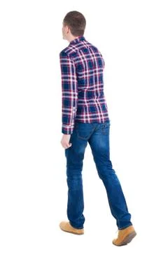 Back view of going  handsome man in checkered shirt Stock Photos