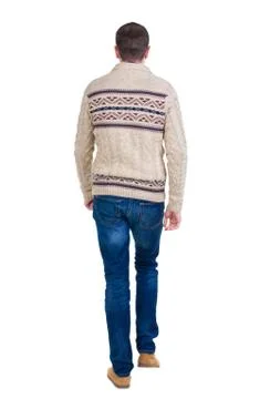 Back view of going  handsome man in jeans and warm sweater Stock Photos