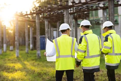 Back view group of diverse specialists in the middle of construction site they Stock Photos