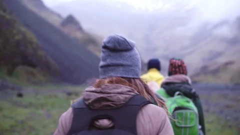 Back view. Group of young people hiking on the mountain early in the morning Video stock 78029608