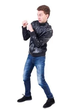 Back view of guy funny fights waving his arms and legs Stock Photos