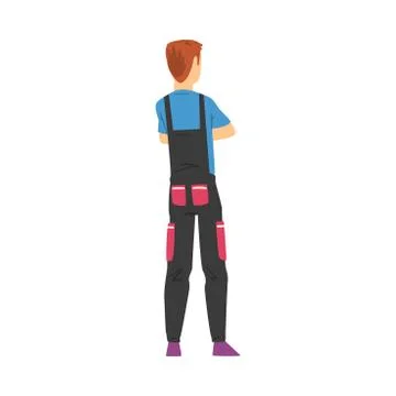 Back View of Guy Worker Character in Overalls, Young Man Viewed from Behind Stock Illustration