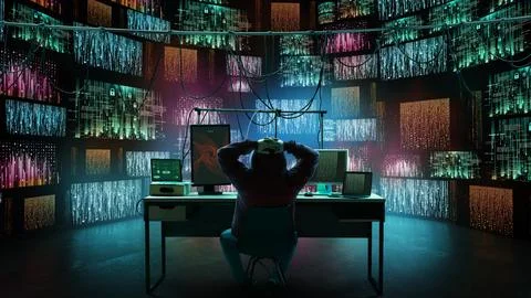 Back view of hacker sitting at desk surrounded by cascading encrypted data on Stock Photos