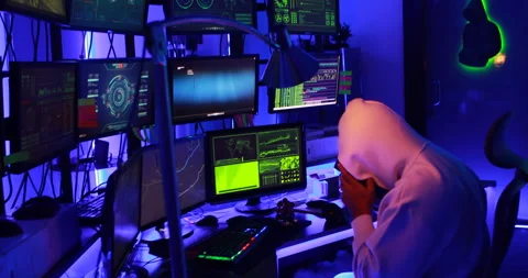 Back View Of Hacker Working On Computers Stock Footage 260447287