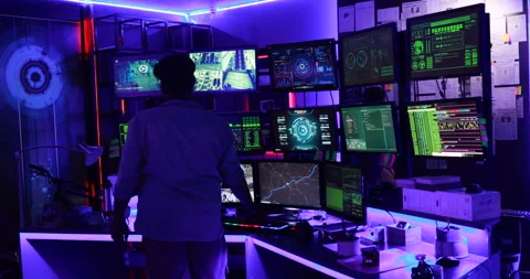 Back View Of Hacker Working On Computers Stock Footage 260450260