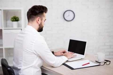 Back view of handsome businessman using laptop in office Stock Photos