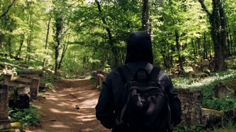 Back View handsome hiker man with backpack walking along trail in mountain Stock Footage 171606365