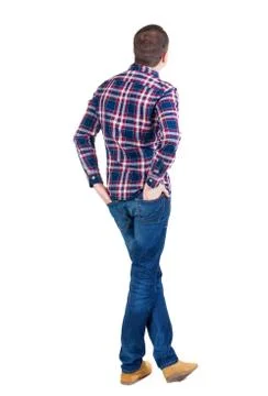 Back view of handsome man in checkered shirt  looking Stock Photos