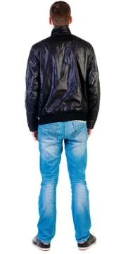 Back view of handsome man in jacket  looking up Stock Photos