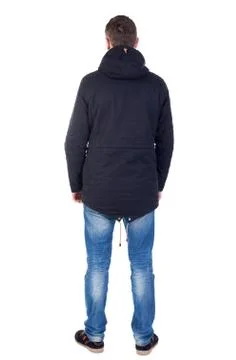 Back view of handsome man in winter jacket  looking up Stock Photos