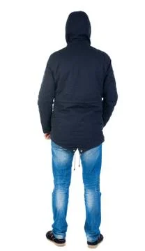 Back view of handsome man in winter jacket  looking up Stock Photos