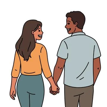 Back view of happy diverse couple holding hands walking flat outline Illustrazione stock