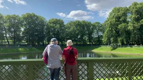 Back view of happy lovely caucasian senior couple outdoor park near lake . Rear Video stock 153468614