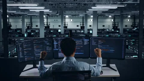 Back View Of Happy Man Developer Celebrating While Write Code In Data Center Stock Footage 270226623