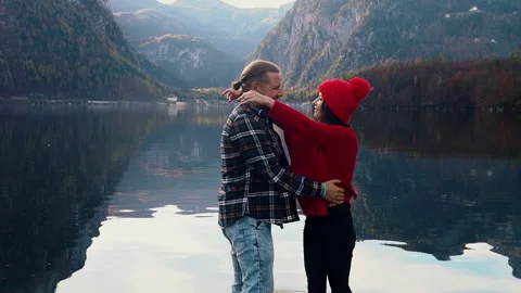 Back View of Happy Romantic Man and Woman Standing Together, Looking Each Other Stock Footage 180523593