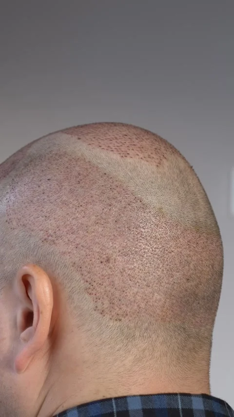 Back view of head after hair transplant showing donor and recipient areas during Stock Footage 327638574