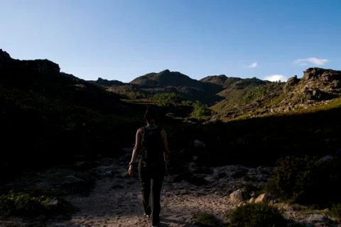 Back view of hiker walking in the shadow Stock Photos